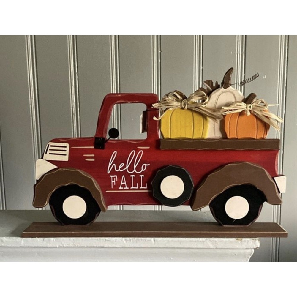 Fall Wood Sign Shelf Tabletop Decor Happy Fall Red Truck Pumpkins New